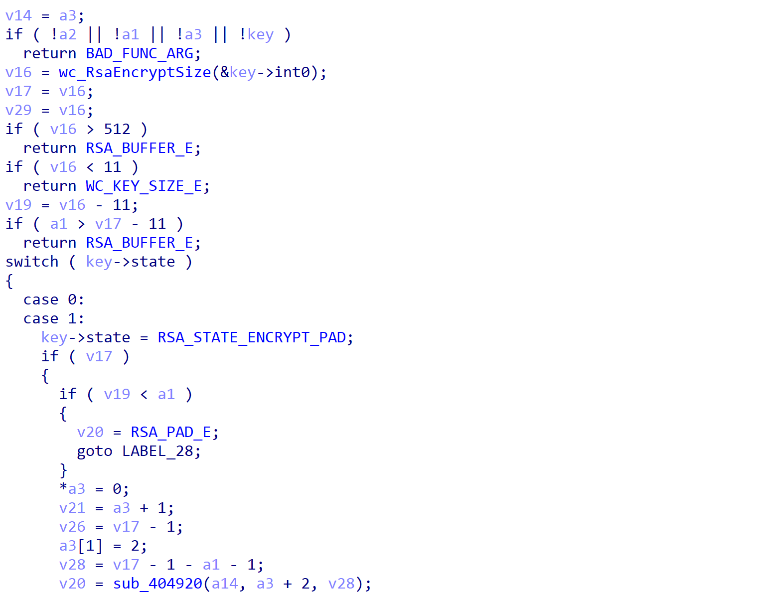 CubaランサムウェアとWolfSSLのRSA暗号化機能とのコードの重複。スニペットの最初の行はv14 = a3;