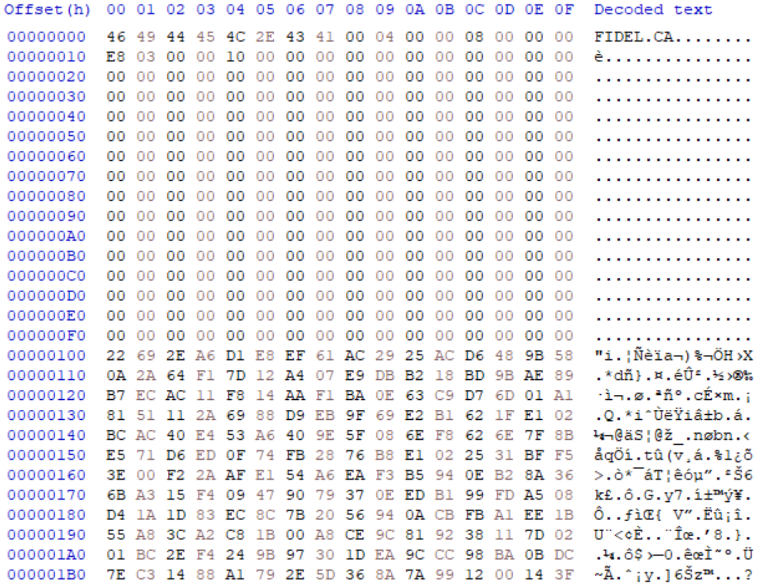 FIDEL.CAのマジックナンバーの後に暗号化されたRSAのブロブが続く 
