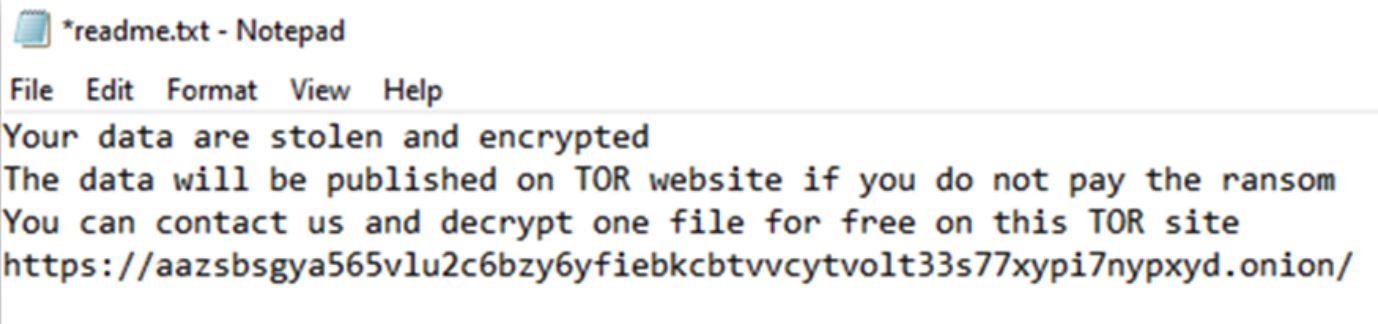 Figure 4 shows Black Basta ransom note in the readme.txt file. It reads: Your data are stolen and encrypted. The data will be published on TOR website if you do not pay the ransom. You can contact us and decrypt one file for free on this TOR site. Onion address listed.