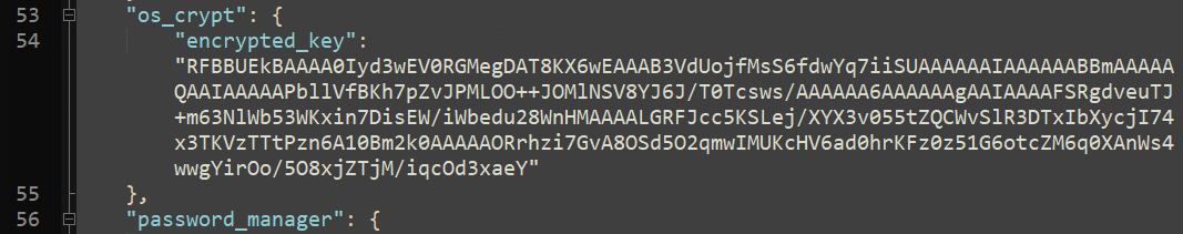 Google Chromeのlocal state JSONファイルに保存されたパスワードの例。os_crypt、encrypted_key、password_managerが確認できる。 