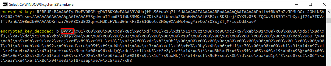 デコードされたパスワードを表す図。先頭に赤くハイライトされているのが5文字のプレフィックス。DPAPI