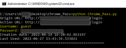 Chromeに保存されたパスワードを復元する概念実証 (PoC)、python_Chrome_pass.pyを実行した結果のスクリーンショット。機微情報は編集済み。 