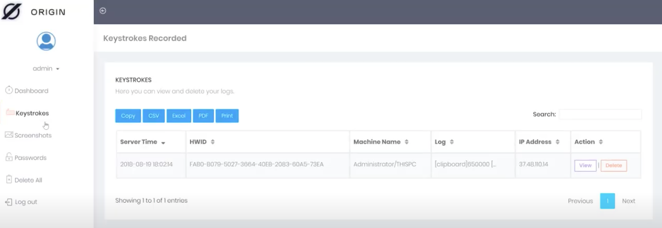 Screenshot of the Origin Logger web panel, with the 