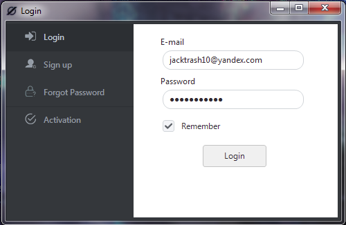 OriginLoggerビルダーのログイン画面のスクリーンショット。電子メールとパスワードのフィールドおよびパスワードを記憶するオプションがあります。