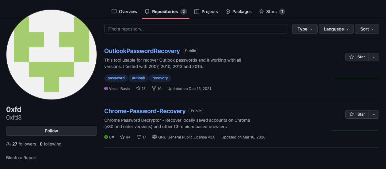 スクリーンショットに示されているユーザー0xfdには、OutlookPasswordRecoveryとChrome-Password-Recoveryの2つのGitHubリポジトリが関連付けられています。
