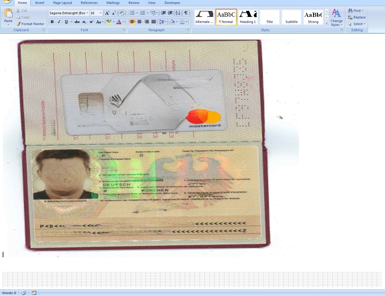 Microsoft Word文書を開くと、ドイツ国民のパスポートとクレジットカードの写真が表示されます。画像の背後には大量のExcelワークシートが表示されます。 