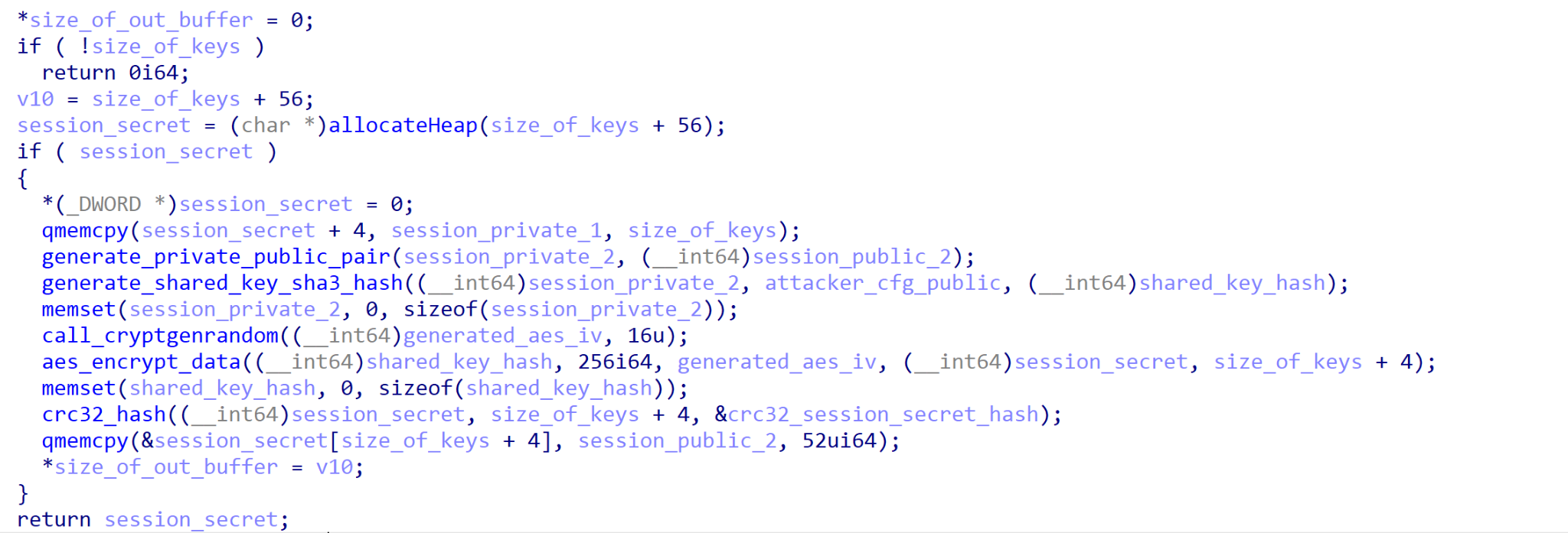 セッションシークレットの生成手順(逆コンパイルされた状態)。この図は、暗号化されたBLOBがCRC-32でハッシュ化され、session_public_2、AES IV、計算されたCRC-32ハッシュの値が付加されるようすを示している。表示されているコードスニペットの最後でsession_secretが返されている。 