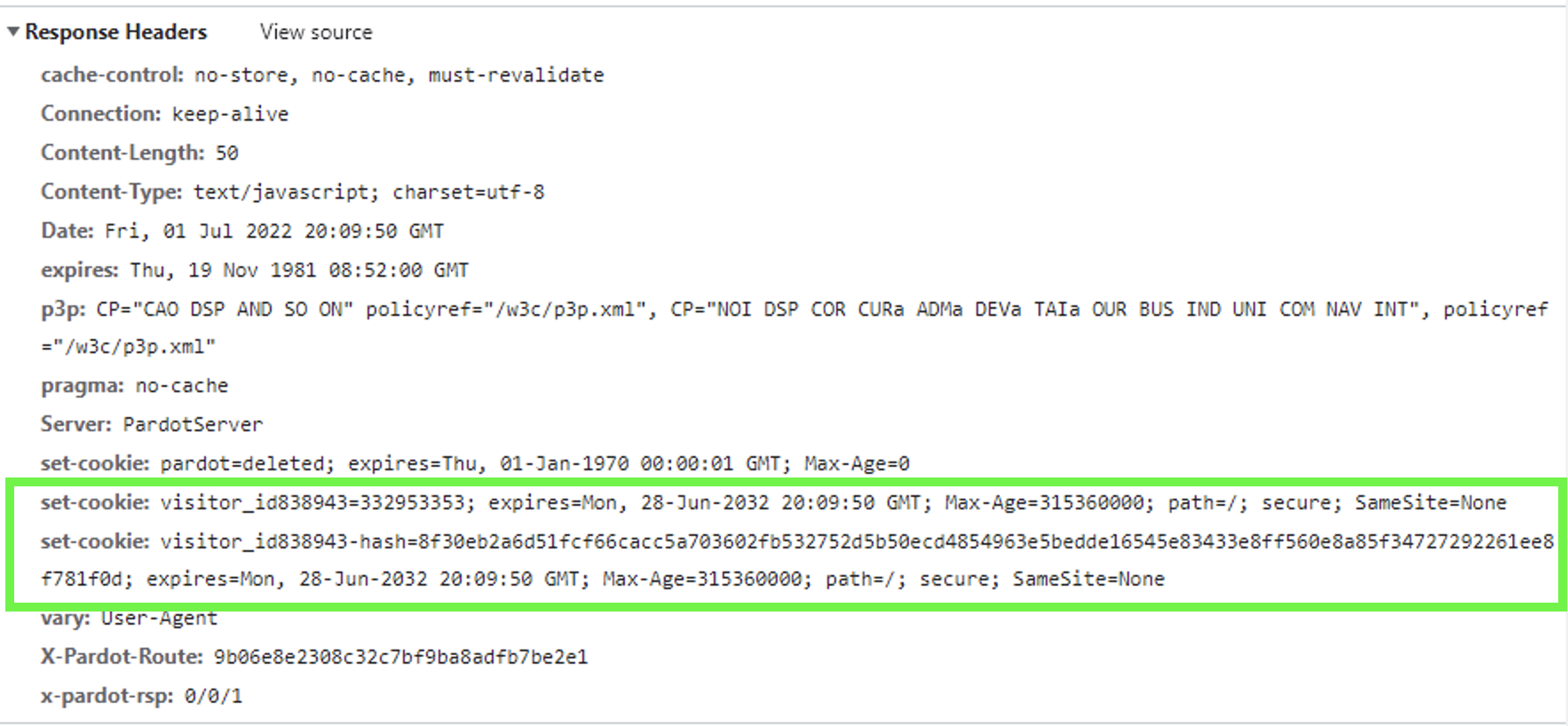 HTTPレスポンスヘッダにはvisit_idとvisit_id<acountid>hash Cookieが設定される。