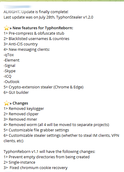 Typhon Rebornの新機能と変更点を列挙したTelegramメッセージ。