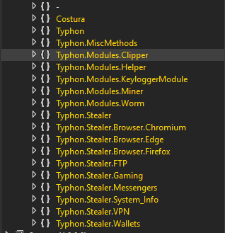 Typhon 1.2のモジュール一覧。バージョン間の追加・削除を示す