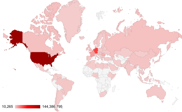 ネットワークセキュリティ動向: 攻撃起点と思われる場所を示すヒートマップ。最も赤が濃いのはアメリカ、次いでドイツ、オランダ