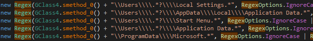 デコンパイルされたコードスニペット。文字列が平文で格納されている