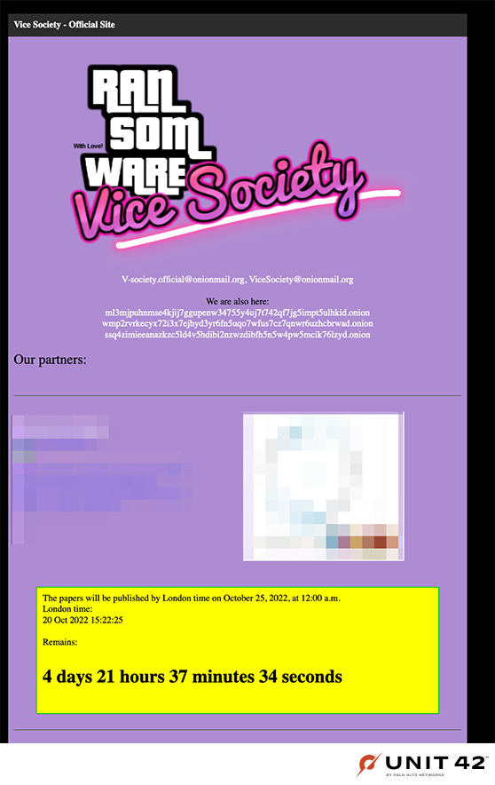 図8はVice Societyのアクティブなリークミラーサイトのスクリーンショット。グランド・セフト・オートのロゴををまねた紫色のサイトには身代金を要求されたデータがいつ公開されるのかのカウントダウンをハイライト表示してある。 
