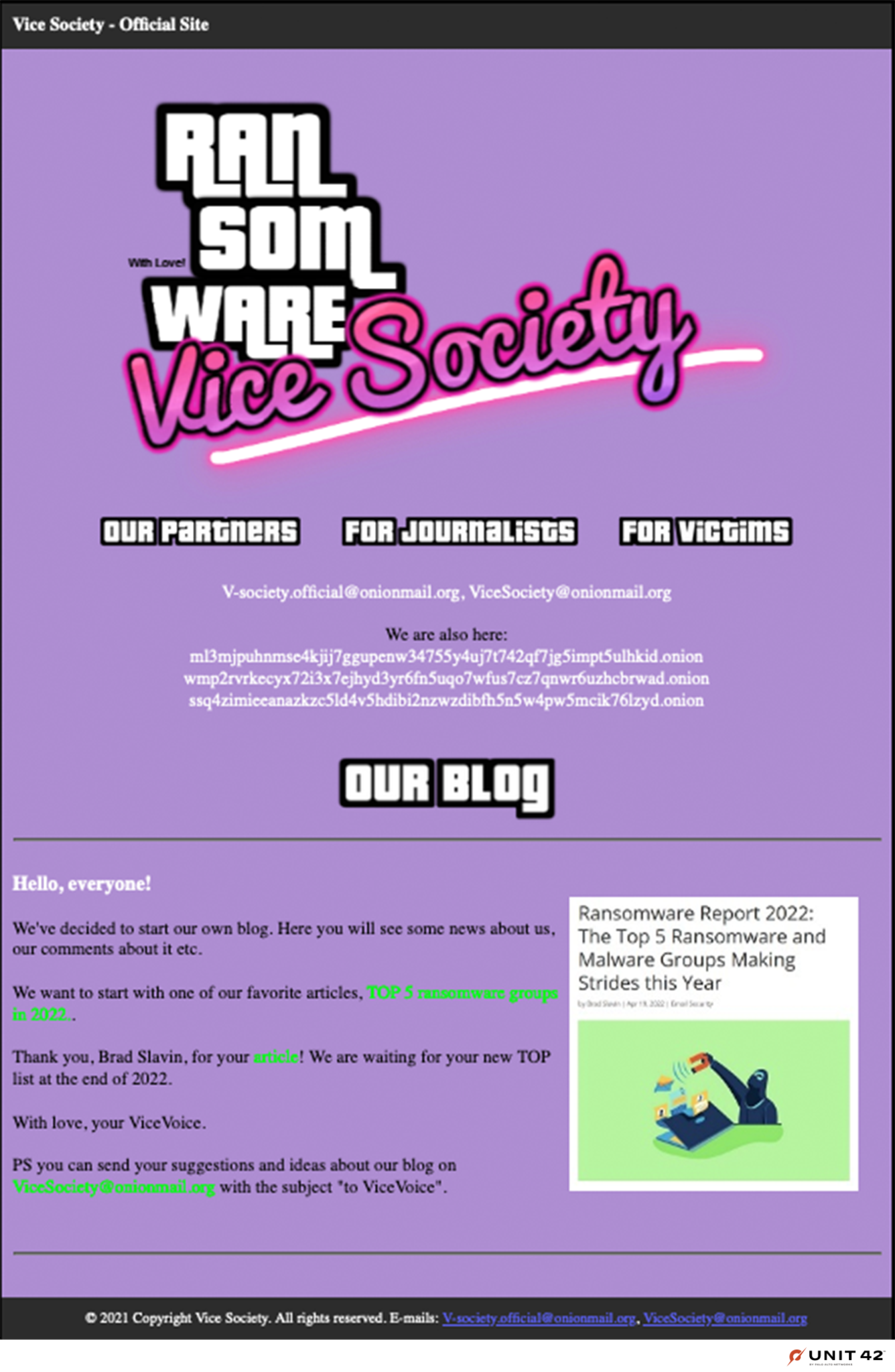 図9はVice Societyの「Our Blog」セクションのスクリーンショット。同攻撃グループについての報道をハイライトし、さらなる報道情報の提供を要請している。 
