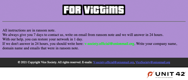 図10。Vice Societyの「For Victims (被害者の皆様へ)」というWebサイトのセクションで、身代金要求メモに記載されている内容以外の指示を詳細に説明しているスクリーンショット。 