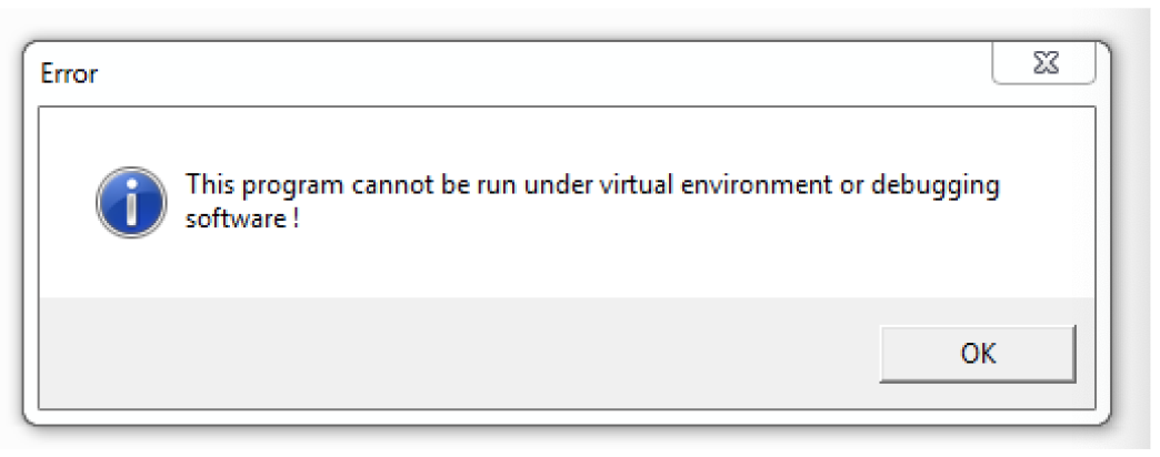 画像6は、Windowsのポップアップ通知が表示するメッセージのスクリーンショットです。メッセージには“This program cannot be run under virtual environment or debugging software !”と表示されています。 