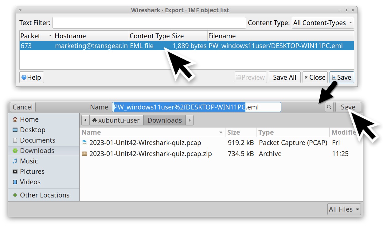 画像8はWiresharkのプログラム画面です。ここには2つのウィンドウが表示されていて、エクスポートされたメールを.emlファイルとして保存する手順を示しています。