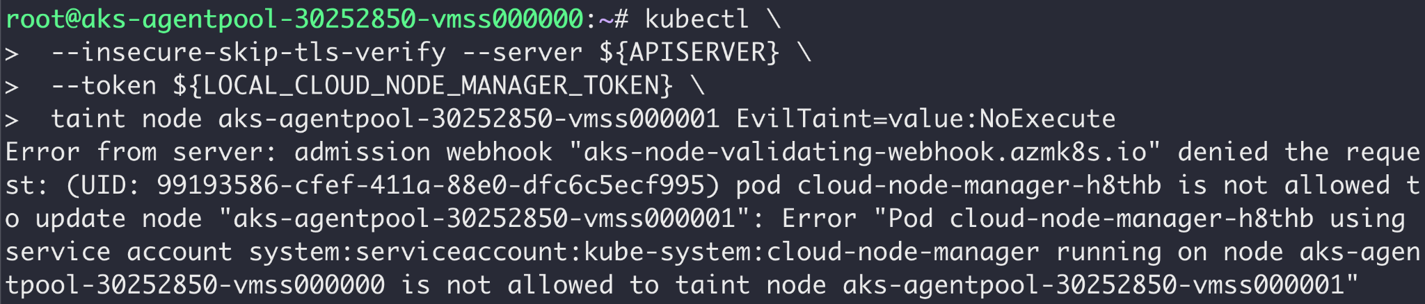 画像5はcloud-node-manager Podのクレデンシャルを悪用しようとする攻撃者の試みを拒否した様子を表すスクリーンショットです。