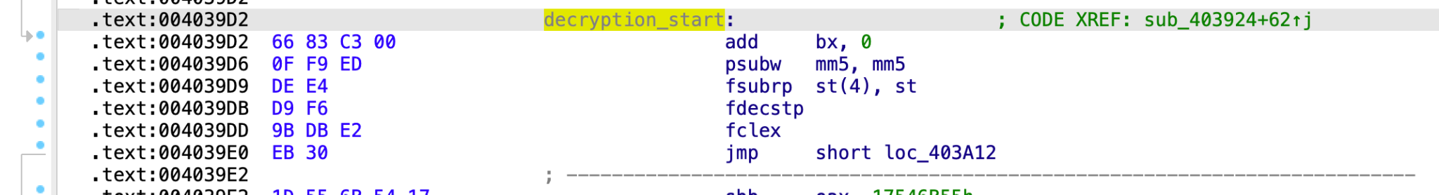 画像7は、シェルコードの第1ステージを表す何行ものコードが示されたスクリーンショットです。“decryption_start”がハイライトされています。