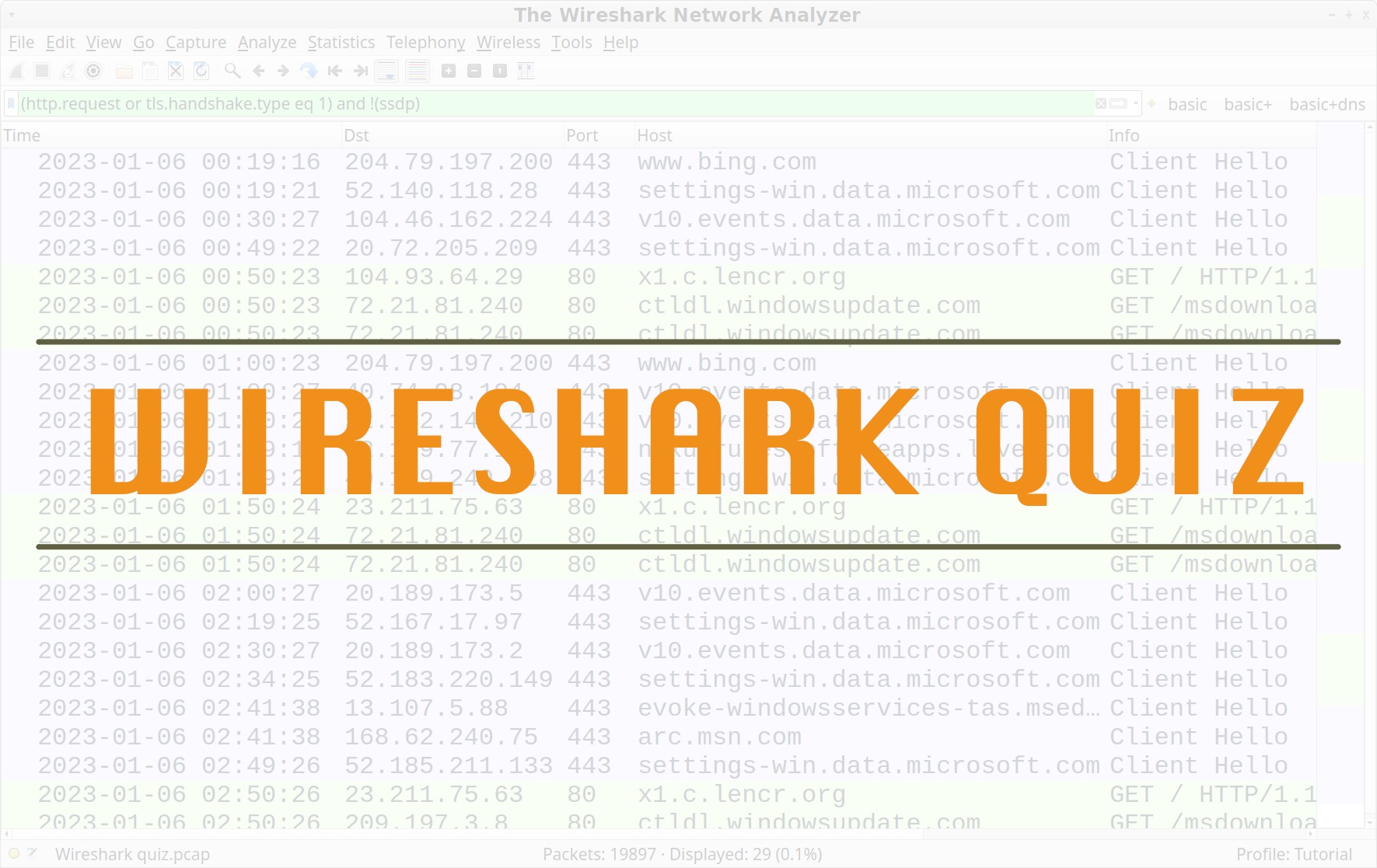 The text Wireshark Quiz in orange set across a screenshot of the Wireshark program.