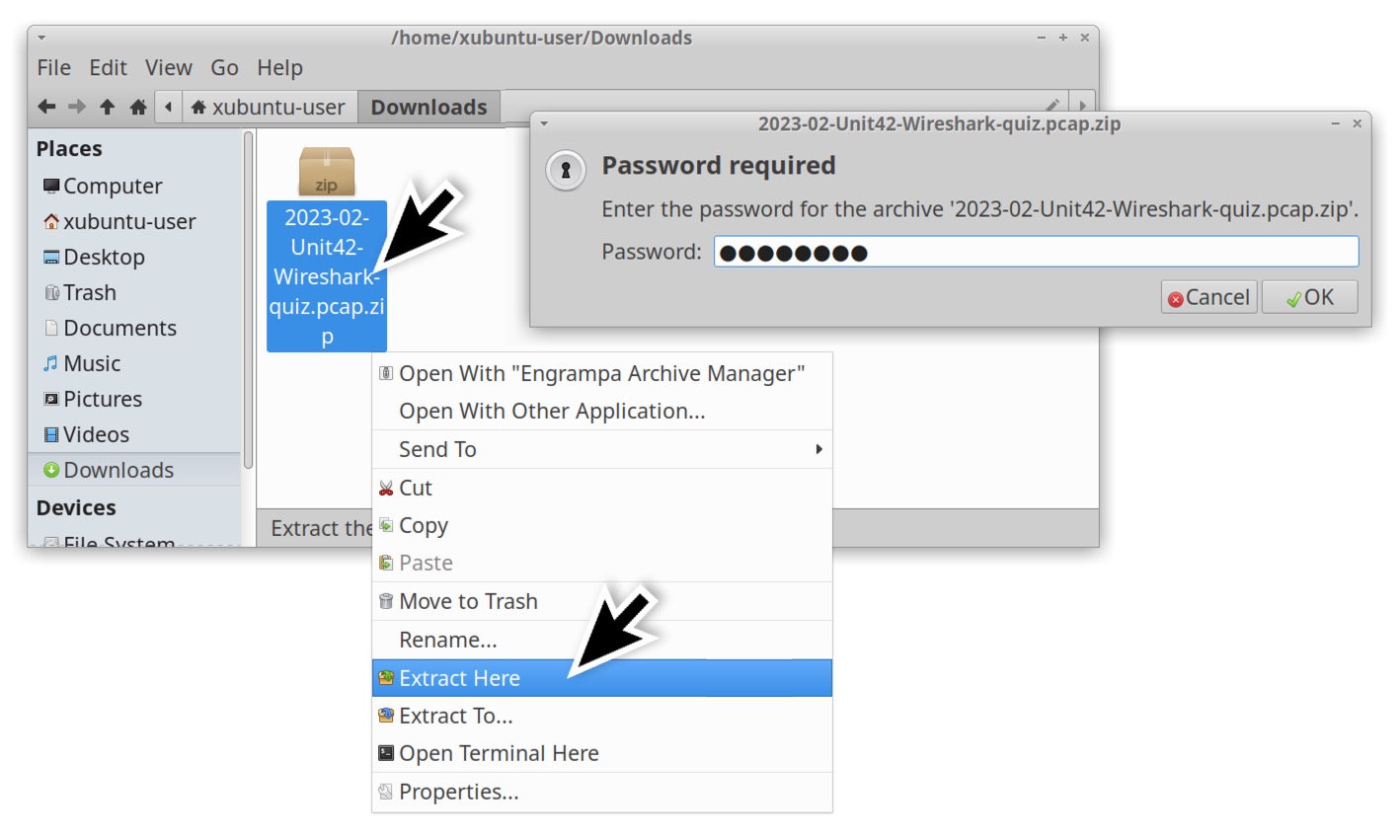 画像2は、ダウンロードフォルダからパスワードで保護された.zipアーカイブを展開する際に、パスワードを入力し、展開先を指定する方法を示しています。