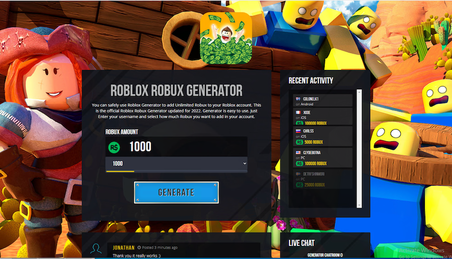 画像9は、無料Robuxを宣伝するページのスクリーンショットで、「Roblox robux generator (RobloxのRobux仮想通貨生成ツール)」という見出し文と生成用ボタンが表示されています。 