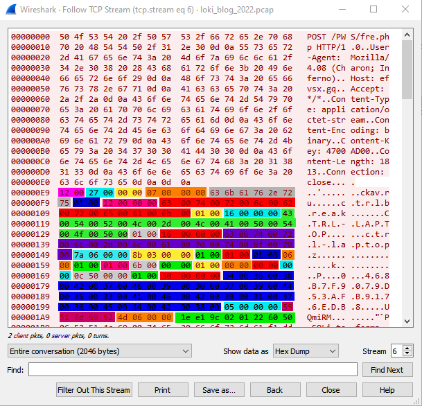 画像6は、Wiresharkのスクリーンショットです。メッセージ ボディには、漏出した情報を多数の色で色分けして表示しています。 
