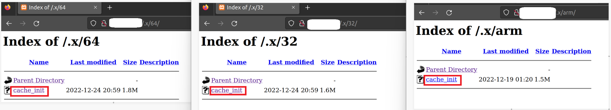 画像2はGoBruteforcerバイナリーをホストしているWebサイトのディレクトリー インデックスのスクリーンショットを3つ並べたものです。親ディレクトリ以下のそれぞれのディレクトリー インデックスにあるcache_initファイルがハイライト表示されています。 