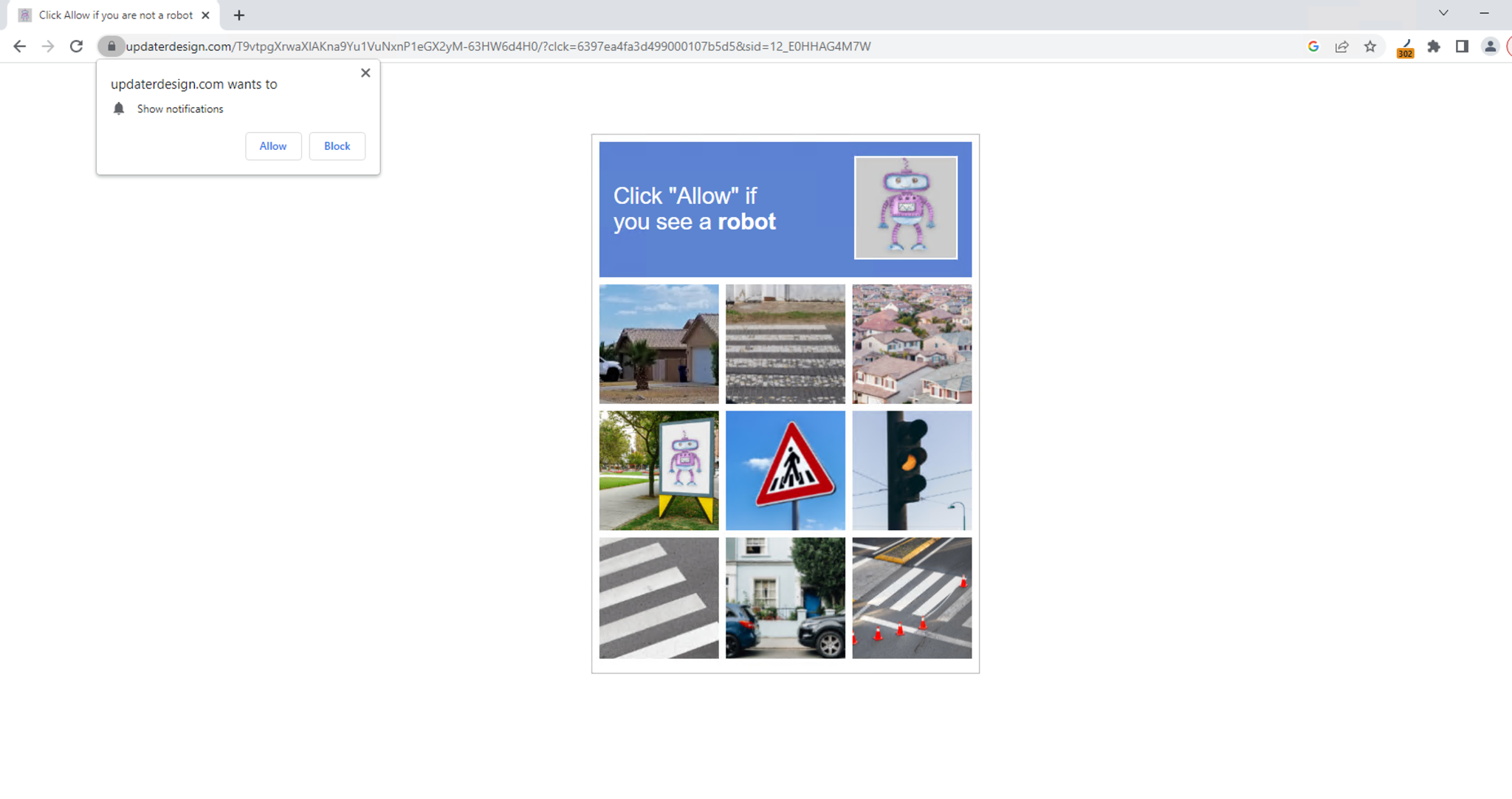 画像6は偽のCAPTCHA画像を使ったWebサイトのスクリーンショットです。ユーザーはポップアップで要求された通知を許可するロボットをクリックします。 