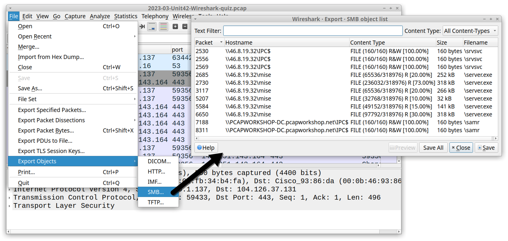 画像10は、Wiresharkのスクリーンショットで、[File (ファイル)]メニューから[Export Objects (オブジェクトをエクスポート)]、[SMB]の順にクリックしてオブジェクトをエクスポートする方法を示したものです。