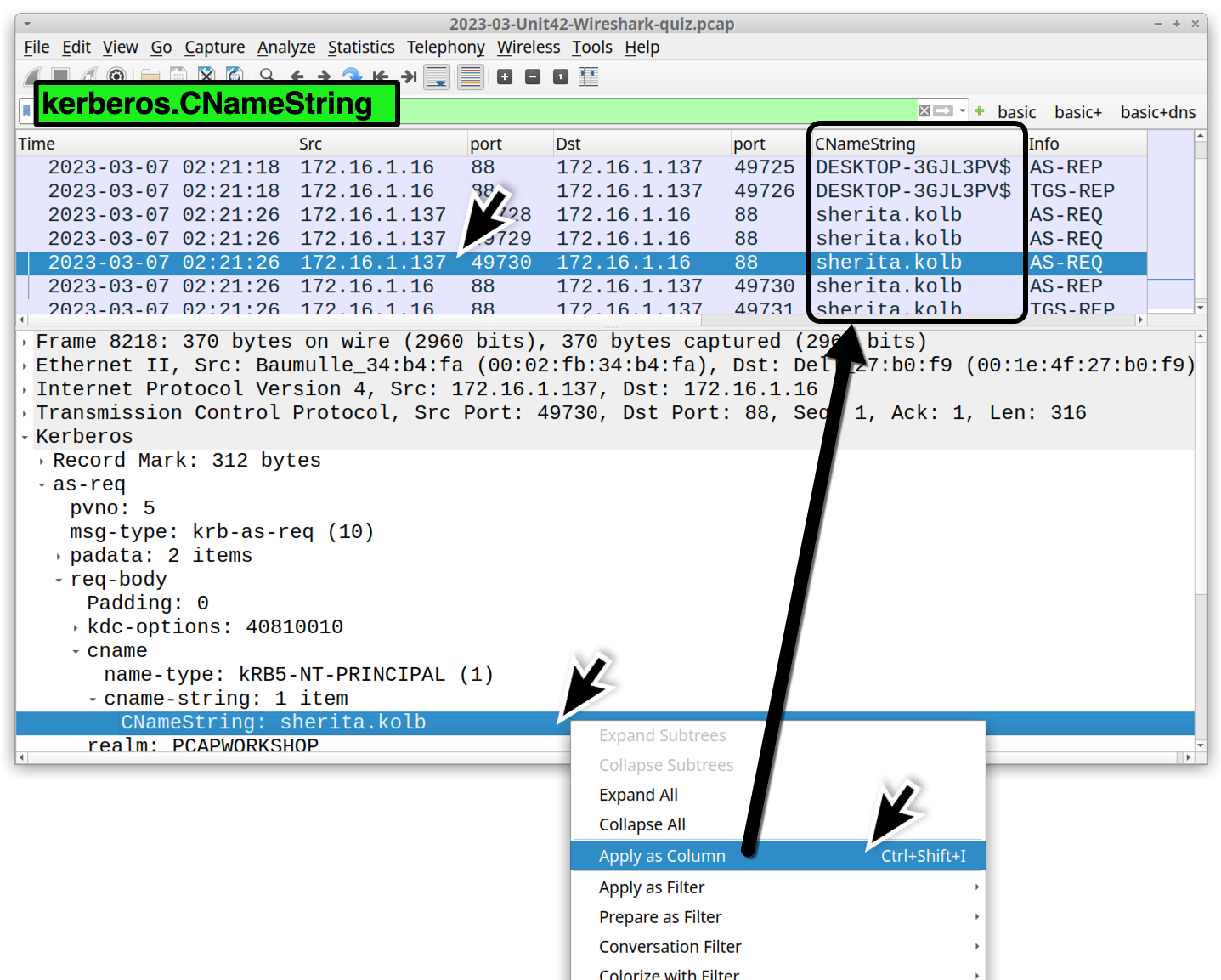 画像3は、Wiresharkのスクリーンショットで、Kerberosトラフィックの中から被害者のWindowユーザー アカウント名を見つける方法を示しています。CNameString、検索バー、その他の詳細をハイライト表示しています。 