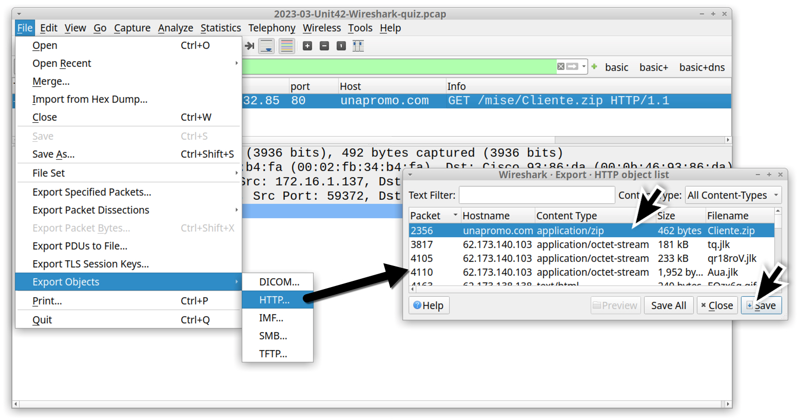 画像5は、Wiresharkのスクリーンショットで、[File (ファイル)]メニューから[Export Objects (オブジェクトをエクスポート)]の順にクリックしてZipファイルをエクスポートする方法を示したものです。 