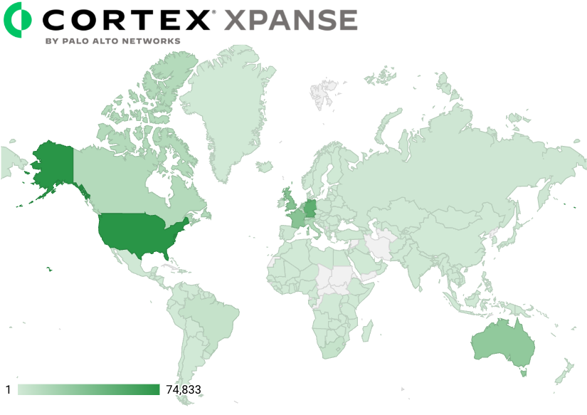 この図はCortex Xpanseのヒートマップ図です。米国を筆頭に、3CXアプリケーションの利用頻度の高い国を表示しています。