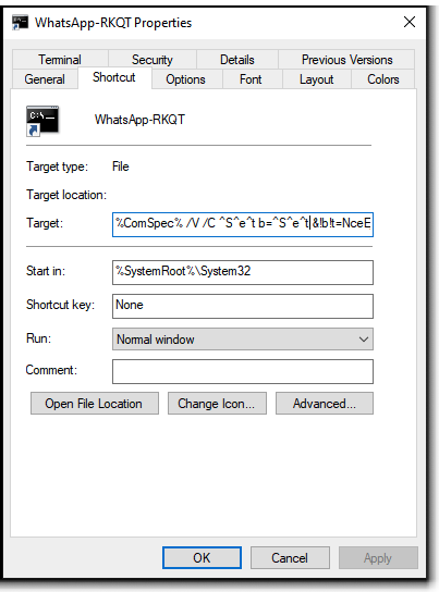 画像10はWhatsApp-RKQT .lnkファイルの[Properties]ペインのスクリーンショットです。[Target]フィールドに実行されるコマンドが入っています。 