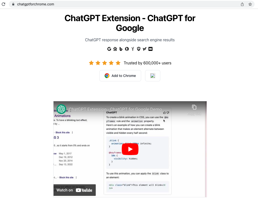 画像8はChrome用のChatGPT拡張機能「ChatGPT extension for Google」をうたう機能拡張のスクリーンショットです。ただしこのブラウザー拡張はアカウント情報窃取を目的にしています。この機能拡張には「response alongside search engine results」と見出しがあり、評価が5つ星で示され、「Trusted by 600,000+ users」と書かれています。Google Chromeに機能拡張を追加するボタンがあります。また、YouTube動画のスクリーンショットもあります。