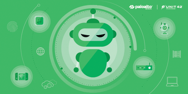 A pictorial representation of a Mirai variant like IZ1H9. A green robot is surrounded by devices. The Palo Alto Networks and Unit 42 logo are included.