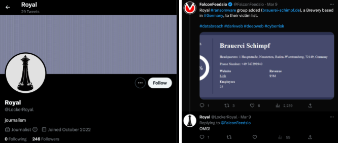 図2はRoyalランサムウェアのTwitterアカウントのスクリーンショット2枚です。左のスクリーンショットはアカウントのプロフィールです。ツイート数は全部で29あり、ユーザー名は「LockerRoyal」です。右のスクリーンショットは返信です。右のスクリーンショットはあるツイートに「OMG! (なんてこった!)」と返信しています。元のツイートはFalconFeedioによるもので、Royalランサムウェア グループがドイツに拠点を置く醸造所を被害者リストに追加したと述べています。
