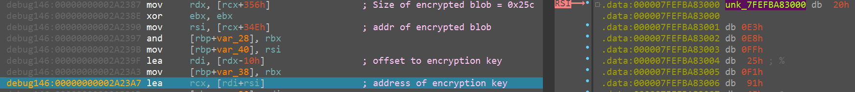 画像10はIcedIDの第2ステージの暗号鍵のスクリーンショットです。ハイライト表示されているのは暗号鍵のアドレスで、このアドレスは「offset to encryption key」というコメントのある行の下に表示されています。
