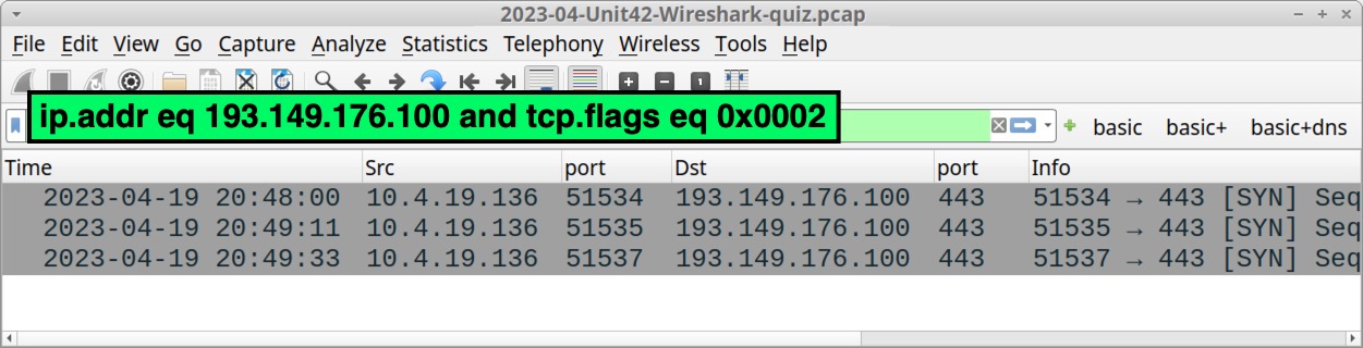画像16はパケットキャプチャに含まれるBackConnectのトラフィックをWiresharkでフィルタリングする方法を示しています。表示フィルター ツールバーに、コマンドが緑色でハイライト表示されています。