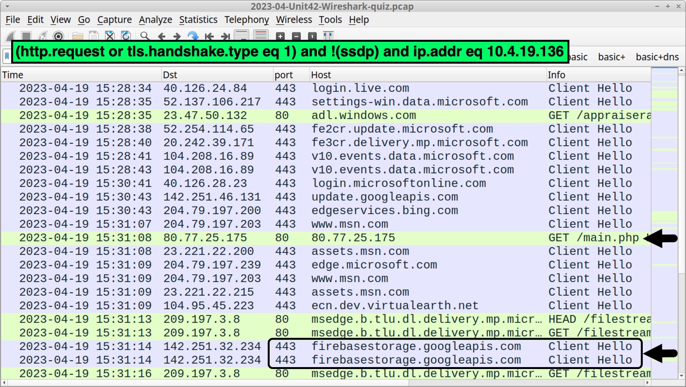 画像5は、最初の不審なURLに続くfirebasestorage.googleapis[.]comへのHTTPSトラフィックを示したスクリーンショットです。このスクリーンショットは、Wiresharkに指定するコマンドを緑色でハイライト表示しています。2つの矢印はそれぞれリクエストと不審なURLを示しています。
