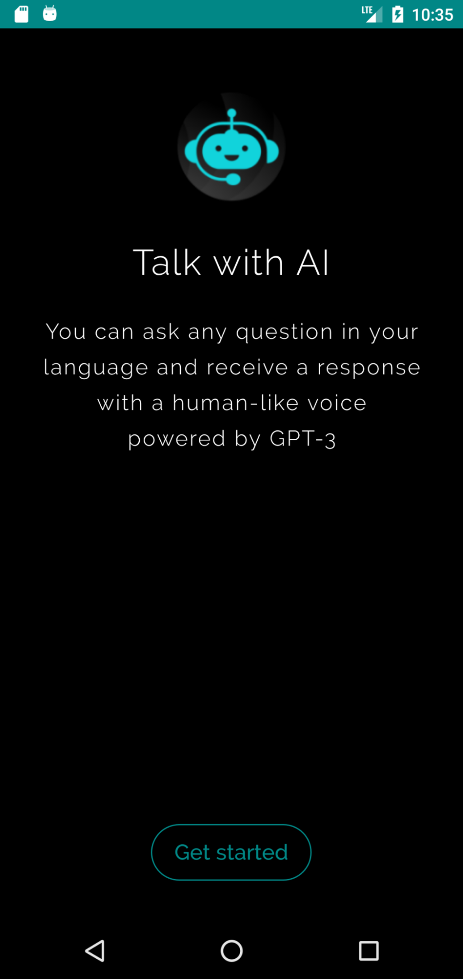 画像2はSuperGPTアプリのスクリーンショットです。SuperGPTのロゴが上部に表示されており、その下には「Talk with AI(AIと話そう)」というヘッダーがあります。その下には「You can ask any question in your language and receive a response with a human-like voice powered by GPT-3. (お使いの言語でどんな質問でもでき、GPT-3が人間のような声で返事をしてくれます。)」というテキストが表示されています。下部には「Get started (はじめる)」と書かれたボタンがあります。