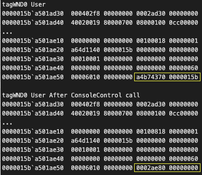 画像16は、NtUserConsoleControlを呼び出す前と後のWnd0のpExtraBytesの値のスクリーンショットです。コードのなかには2つ黄色の長方形でハイライトされている領域があります。