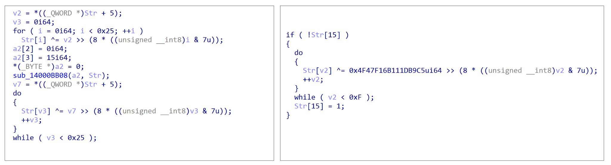 画像 9 は、コードの 2 つのスクリーンショットです。左と右に表示されています。左枠内のコードは、1 つめの文字列復号関数型です。右枠内のコードは 2 つめの文字列復号関数型です。