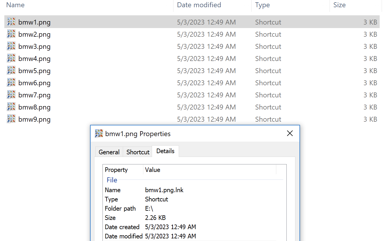 画像 2 は画像ファイルを装った Windows ショートカット ファイルのスクリーンショットです。列名は、Name (名前)、Date modified (変更日)、Type (タイプ)、Size (サイズ) です。画像はすべて .PNG で終わっていますが、すべて実態はショートカット ファイルです。別のスクリーンショットは、PNG ファイルの 1 つのプロパティを示しており、詳細タブにもそれがショートカットであることが示されています。