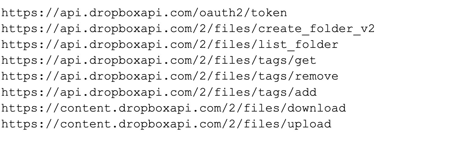 Dropbox API を使用したバイナリー内の復号された文字列。全部で 8 つの URL が表示されています。 
